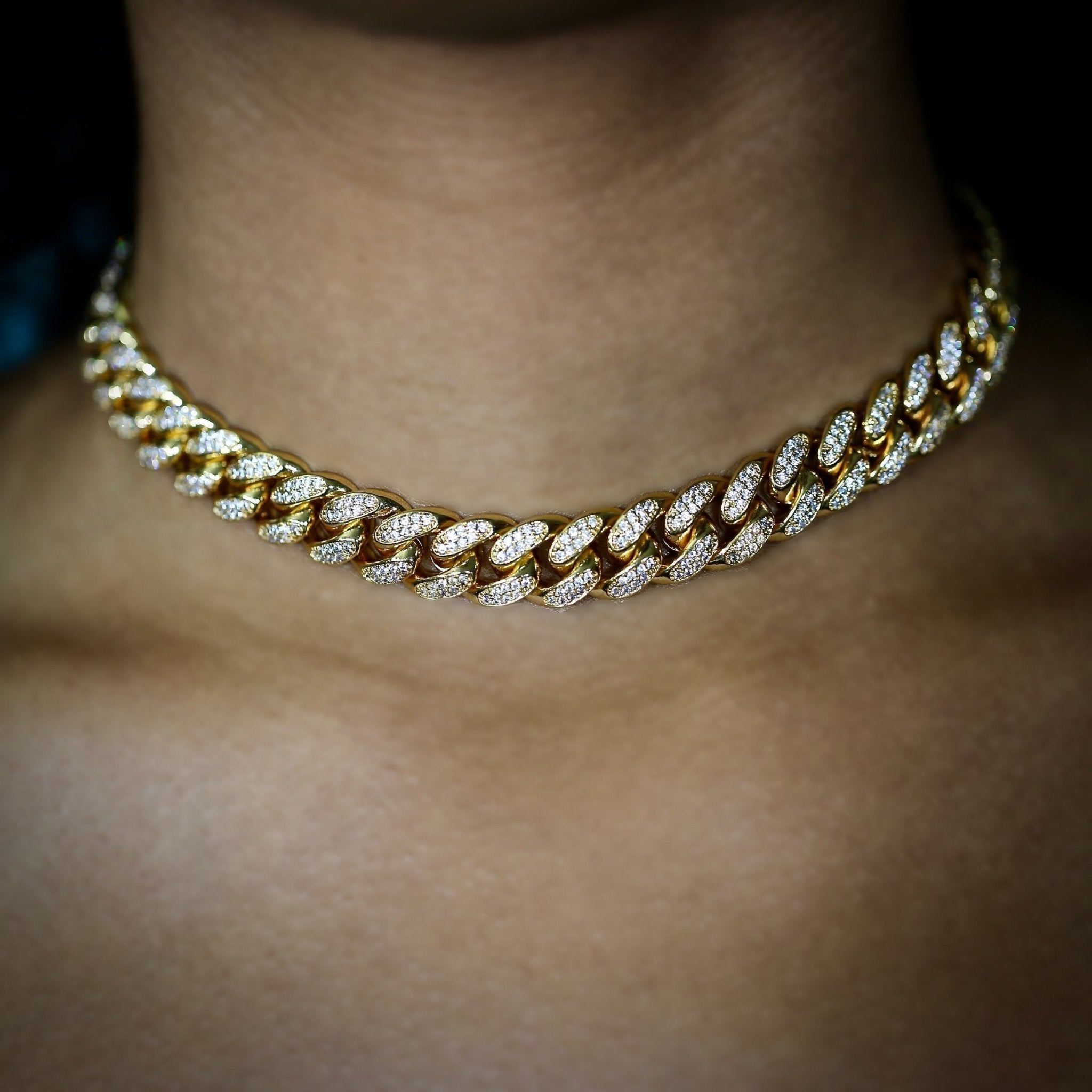 12mm Diamond Cuban Link Yellow Gold Color Choker Necklace - RKSCART